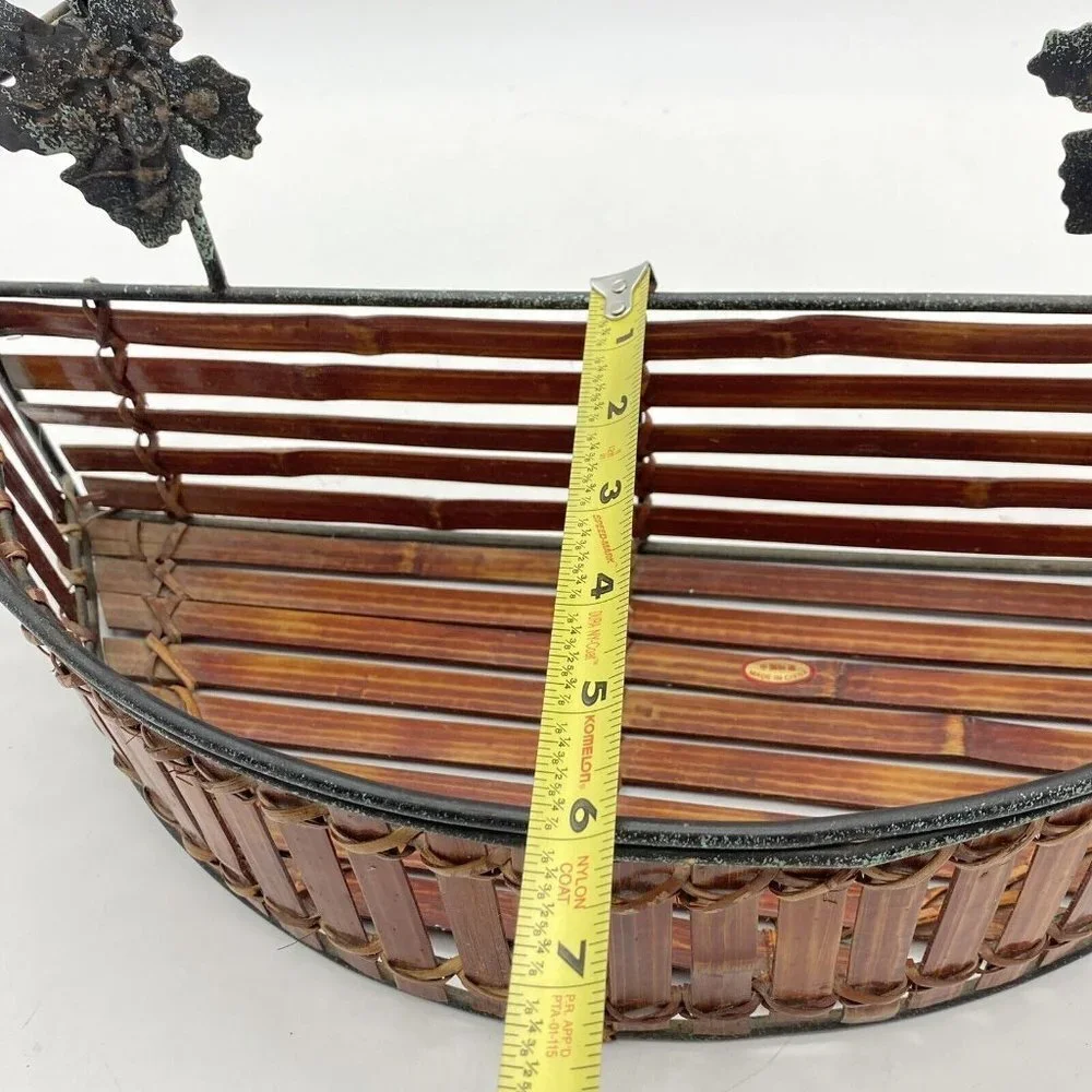 Wall Pocket Basket Semicircle Wood‎ Slat Metal Grape Leaf Scroll French Country